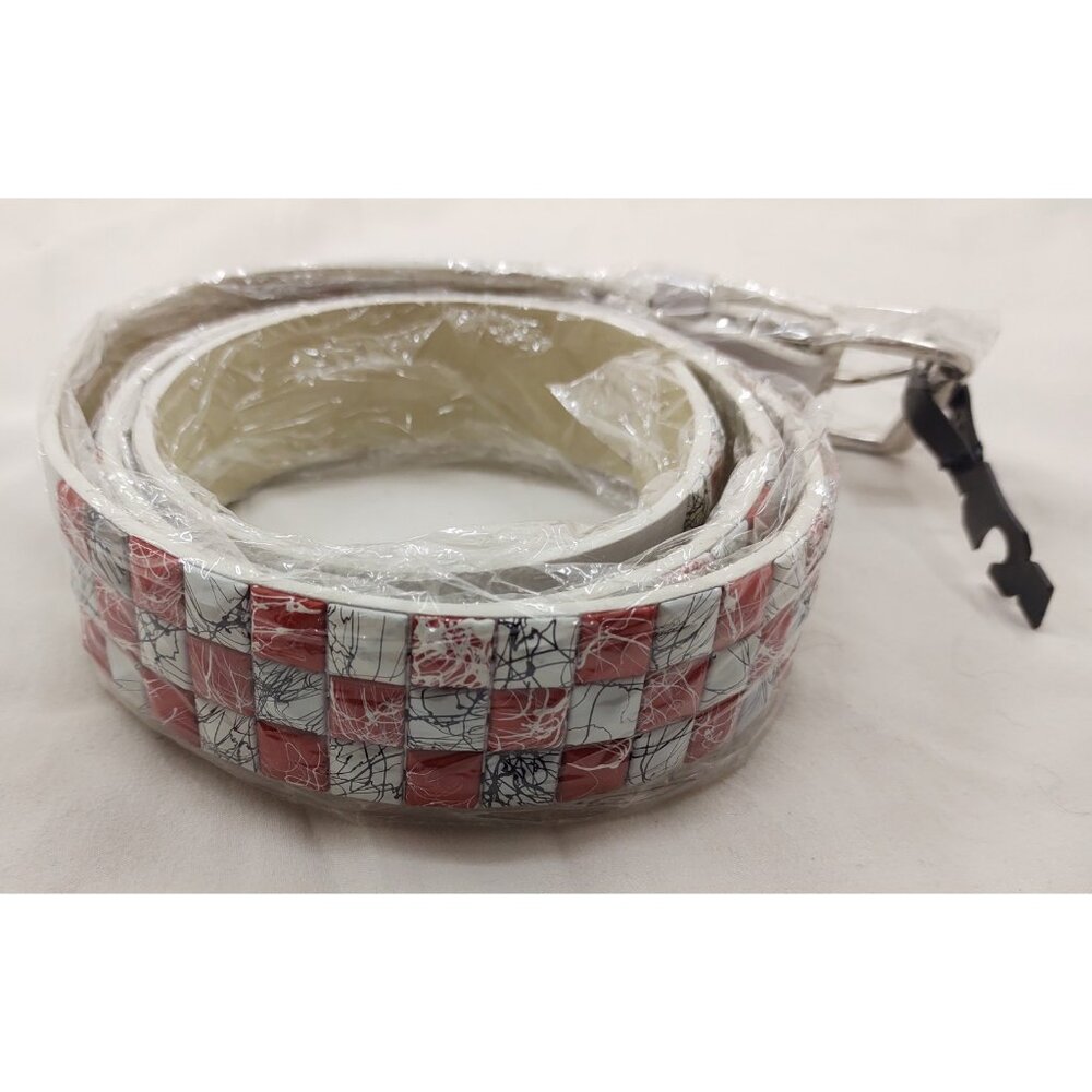 White Faux Leather Studded Belt Red Accents Alt Style Fashion Belt Adjustable